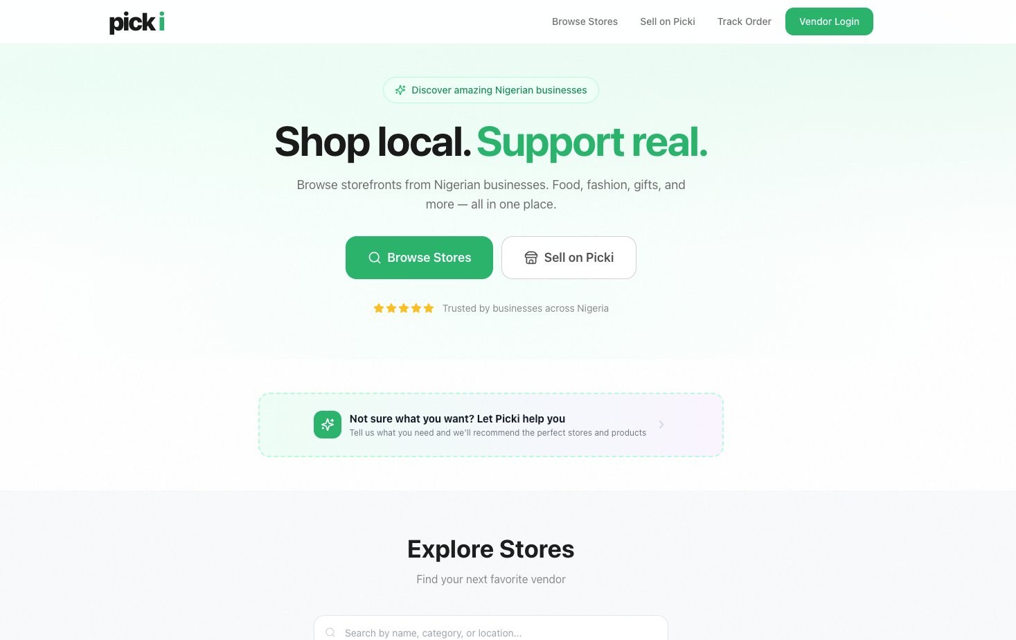 Picki commerce platform homepage